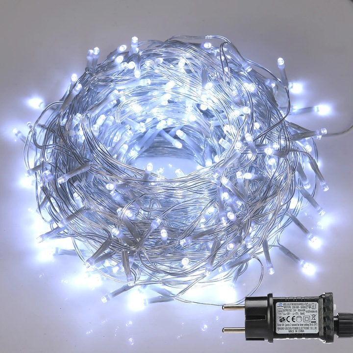 Осветление за улуци/стрехи, LED гирлянд, 15 м 600 LED, IP65 Водоустойчив, 12 V AC, Щепсел за ЕС, 8 режима и таймер, Студено бяло