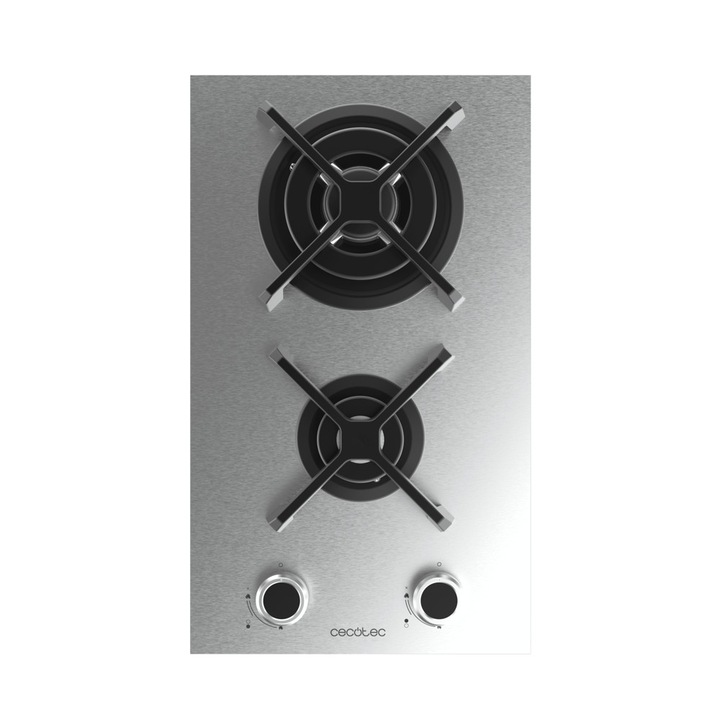 Вграден газов плот Cecotec, Bolero Squad G, 29 см, 1 WOK горелка 3.4 kW, 1 полубърза горелка 1.8 kW, чугунена скара, въртящи се превключватели с електрическо запалване, предпазно изключване, нано-стъкло покритие, елегантен дизайн, инокс
