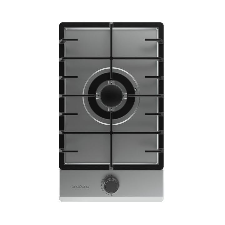 Вграден газов плот Cecotec, Bolero Squad G, 29 см, 1 WOK горелка 3.5 kW, чугунена решетка, въртящи се превключватели с електрическо запалване, безопасно изключване, лесен за почистване, елегантен дизайн, инокс
