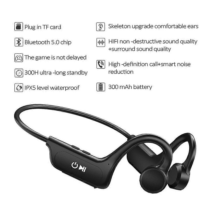 Vezeték nélküli, vízálló, Bluetooth 5.0, csontvezetéses technológiás fejhallgató, fekete