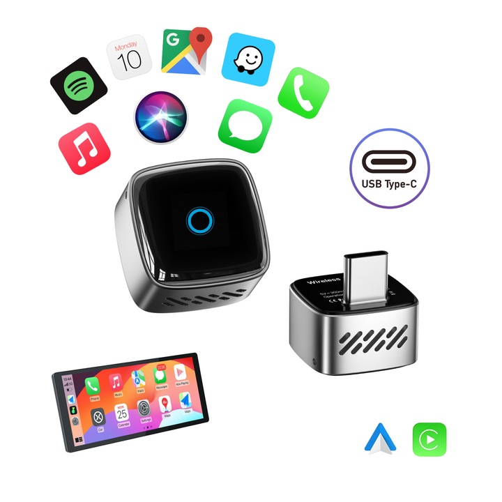 Адаптер за кола безжичен 2в1 BIZAIMO®, Carplay & Android Auto, Bluetooth 5.3, двуядрен, WIFI 2.4 Ghz & 5 Ghz, Plug & Play, автоматично пресвързване, алуминий + стъкло 6H, Blue Circle, USB Type-C, универсален, сребрист