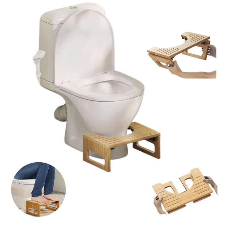 Taburet WC Jaskus® Bambus, Solutia Naturala Impotriva Constipatiei Si Hemoroizilor, Scaunel Inaltator WC Pentru Pozitia Corecta Pe Toaleta, Inaltime 18cm