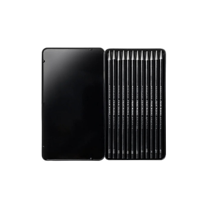 Set 12 creioane grafit, Printworks, Graphite, lemn de inalta calitate, varf moale, usor de schitat, desenat, pentru umbre, cutie metalica inclusa