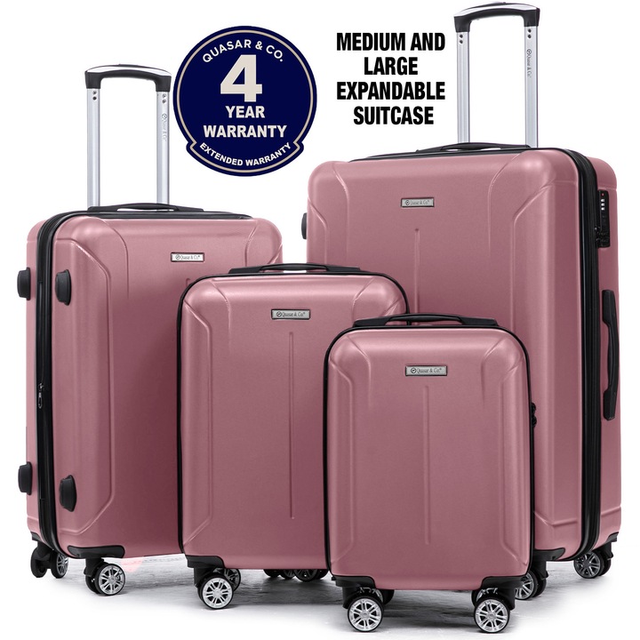 Set 4 trolere Quasar & Co.®, XS/S/M/L, valize cu fermoar antifurt, bagaje mana/cala, cu cifru, maner telescopic, geamantane cu 4 roti duble silentioase 360°, ABS, cate 2 compartimente cu buzunar, SMART, roz pudrat