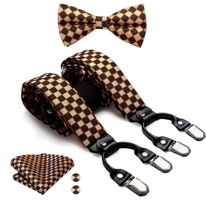 Мъжки тиранти, модел BD3037, ластични, комплект с папионка, кърпичка и копчета за ръкавели, многоцветни, 3.5см x 143см