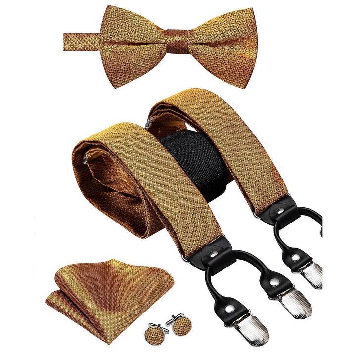 Мъжки тиранти, модел BD3037, еластични, комплект с папионка, кърпичка и копчета за ръкавели, многоцветни, 3.5см x 143см