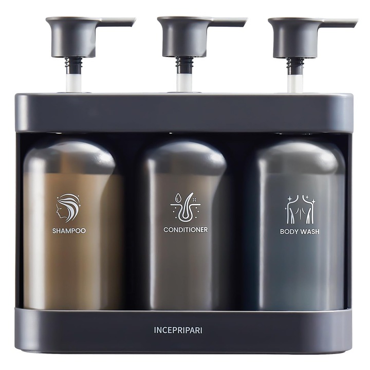 Dispenser de gel de dus, 3 camere, montare pe perete, fara gaurire, 380 ml, negru