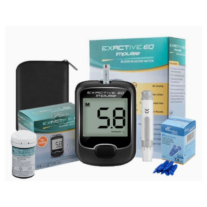 Glucometru portabil, 50 benzi de test, 50 lancete, negru, dimensiuni compacte