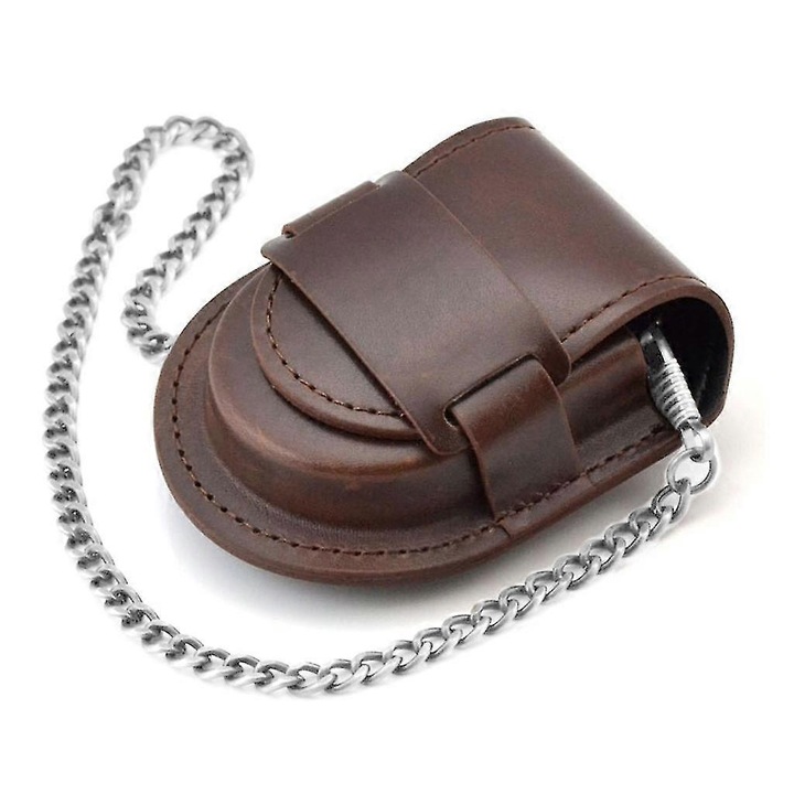 Husa din piele pentru ceas de buzunar cu lant, maro, dimensiune 3.8x4.8cm