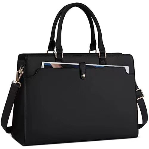 Geanta laptop femei, 15.6 inch, compartimente multiple, curea umar ajustabil, piele PU ecologica, neagra.