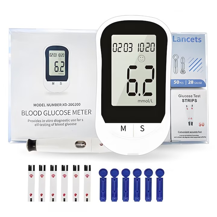 Kit monitorizare glucoza, 50 benzi de test, 50 lancete, ecran mare, rezultate rapide 6 secunde, design portabil