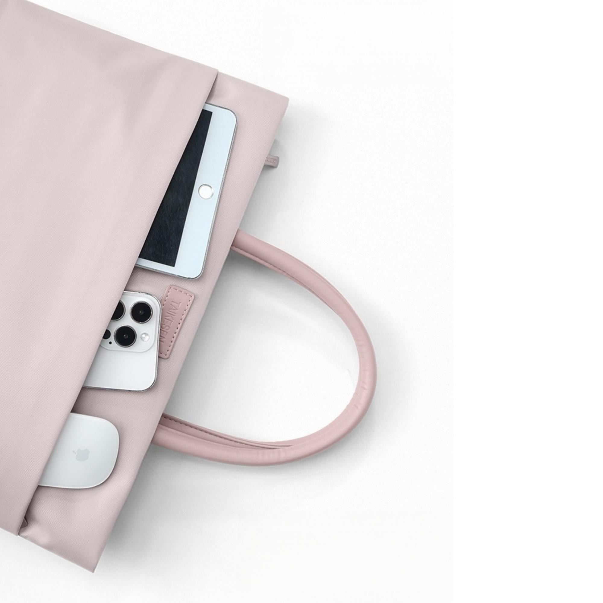 Geanta pentru Laptop, 14 inch, Protectie Superioara la Socuri, Material Impermeabil, Manere din Piele Moale, Capacitate Mare, Roz Lotus