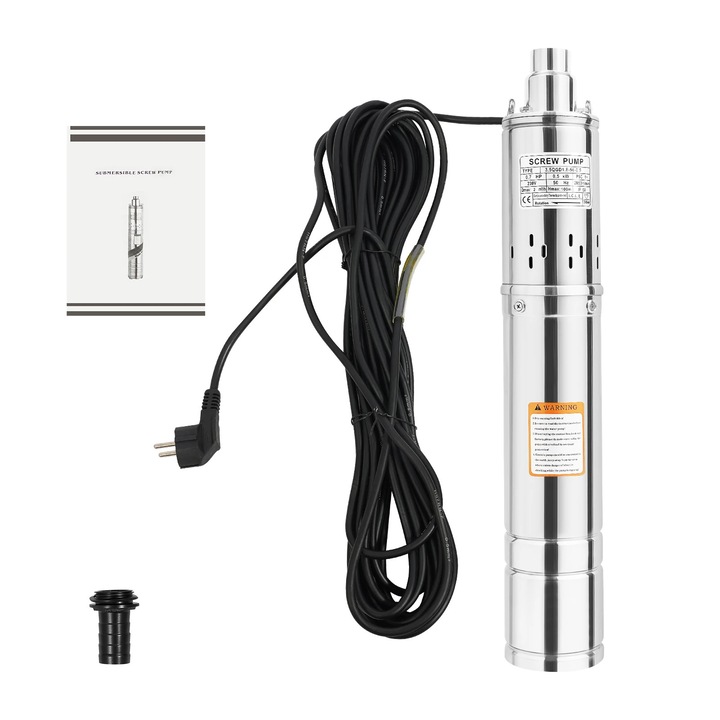 Pompa de put adanc, Pompa submersibila 220 V cu stecher UE, 0, 5 kW (0, 7 CP), Inaltime de pompare 100 m, 2850 rotatii/min, Otel inoxidabil 304, Ø8, 7×58 cm, Argintiu