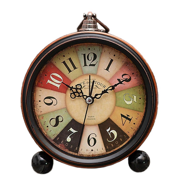 Ceas de alarma vintage metalic, design retro, 135mm, functie de lumina nocturna, fara ticait