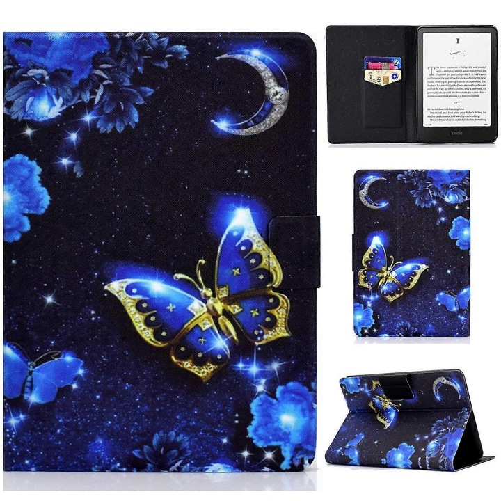 Husa pentru tableta, model cu design unic, protectie duala, albastru, compatibila cu Kindle Paperwhite (2024)