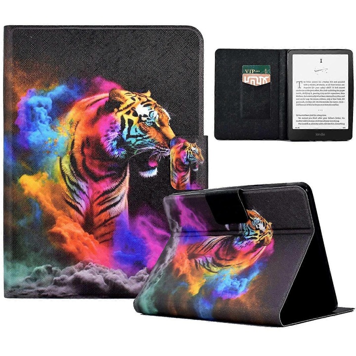 Husa pentru tableta, model cu imprimeu, protectie duala, suport ajustabil, slot pentru carduri, multicolor, pentru Kindle Paperwhite (2024)