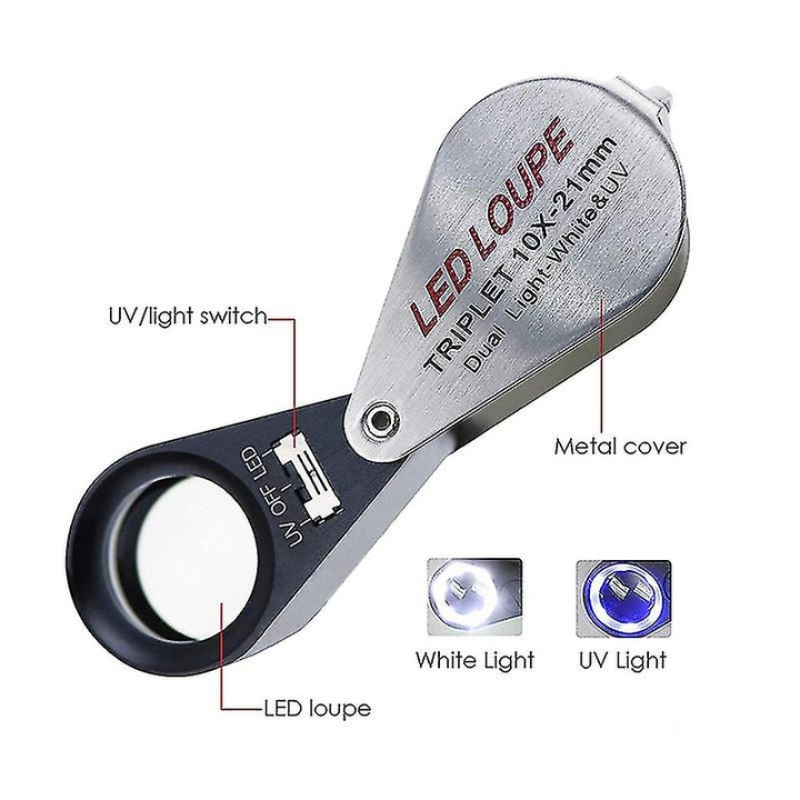 Lupe de bijuterie 10x, 21mm, cu 6 LED-uri, argintie si neagra, dimensiuni 8.8x2.8x2.4cm