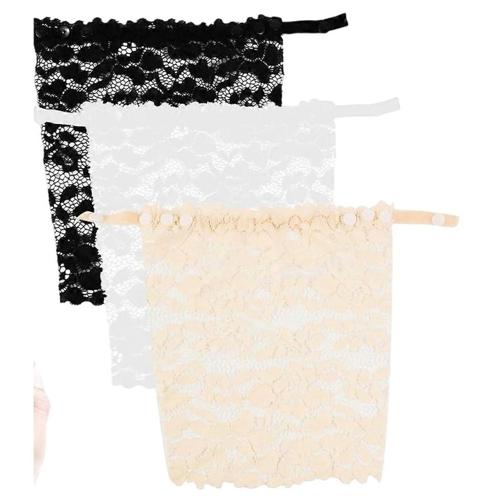 Set 3 piese insertii dantela pentru sutien, dantela ajustabila, negru, alb, bej, dimensiune unica