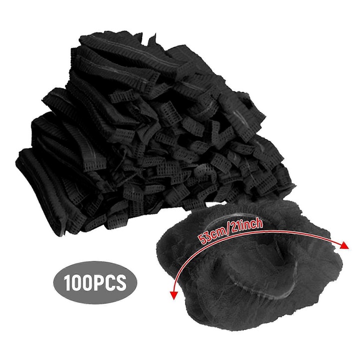 Set 100 bucati bonete de par, negru, material nontesut, dimensiune 19inch