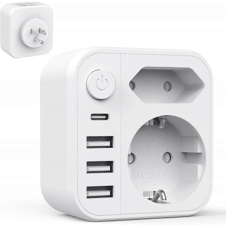 Adaptor de calatorie 6 in 1, cu 3 USB si 1 USB-C, pentru SUA, dimensiuni 7.5x7.1x7.3cm