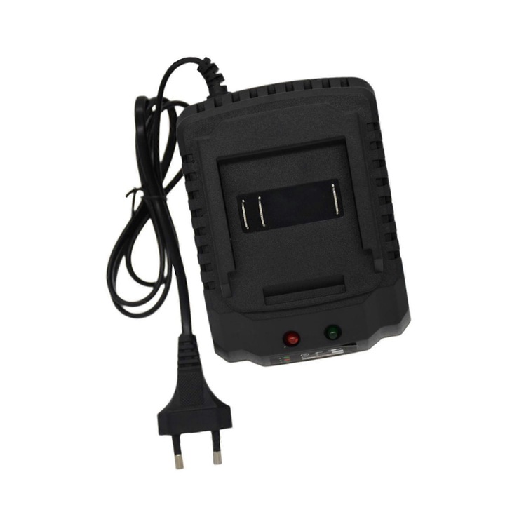 Töltő elektromos szerszám akkumulátorokhoz, 21V, méretek 12.5x9.3x7cm, állapotjelzővel, EU dugóval