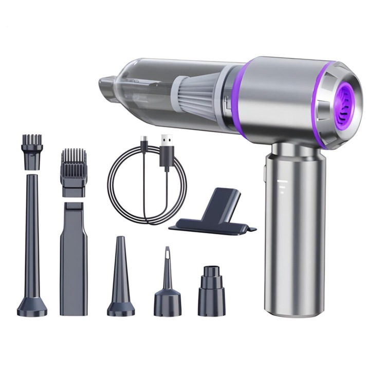VarioShop® vezeték nélküli autóporszívó 9 az 1-ben, 100W, 3 sebességfokozat, 16.000 Pa szívóerő, újrafelhasználható HEPA szűrő, szívó és fújó funkciók, USB-C lítium akkumulátor, többféle tartozék