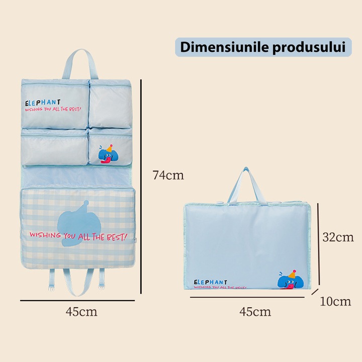 Set geanta de calatorie albastra cu compartimente multiple, design cu elefant, 45x74cm