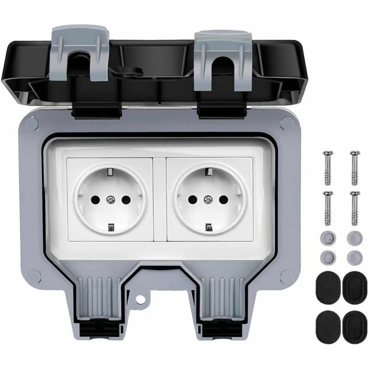 Priza externa waterproof IP66, 2 cai, material ABS, 220-240V, 16A, dimensiuni 110x113x85mm