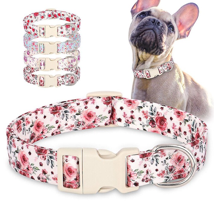 Zgarda pentru caini, model floral, ajustabil, M