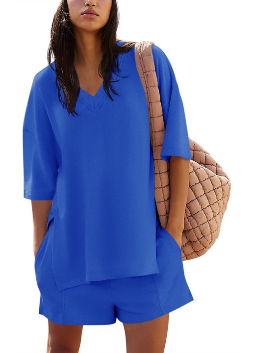 Compleu pentru femei, topuri supradimensionate cu maneci 3/4 si pantaloni scurti cu talie elastica si buzunare（10194）, Albastru