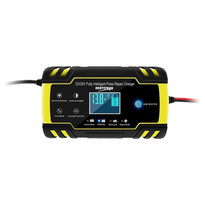 Redresor auto 12V/24V, 8A, cu display digital, protectii multiple, pentru masini, motociclete, motocoase