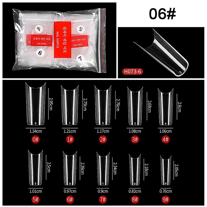 Set 500 bucati unghii false transparente din rasina, 6 dimensiuni, pentru arta unghii