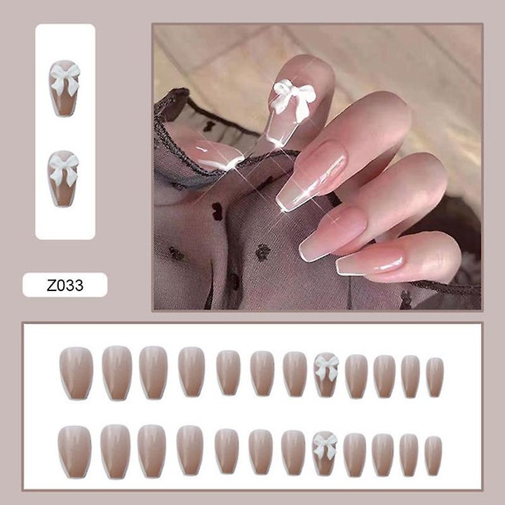 Set 24pcs unghii false lungi, alb, cu adeziv, pentru manichiura, decorare, nail art