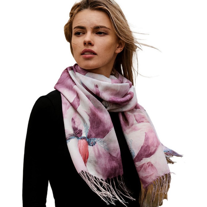 Sal dama elegant roz cu imprimeu floral acuarela, 180x70 cm, poliester – accesoriu versatil pentru tinute casual, office si ocazii speciale, Agrafka unisize