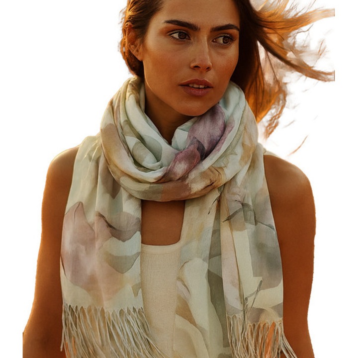 Sal dama elegant verde cu imprimeu floral, 180 x 70 cm, 100% poliester – accesoriu usor si versatil pentru tinute de zi cu zi si ocazii speciale, Agrafka unisize