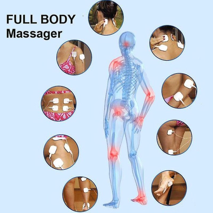 Digitális elektromos masszírozó 4 paddal, TENS terápia, kék, 9.8x7.8cm, komplett szett