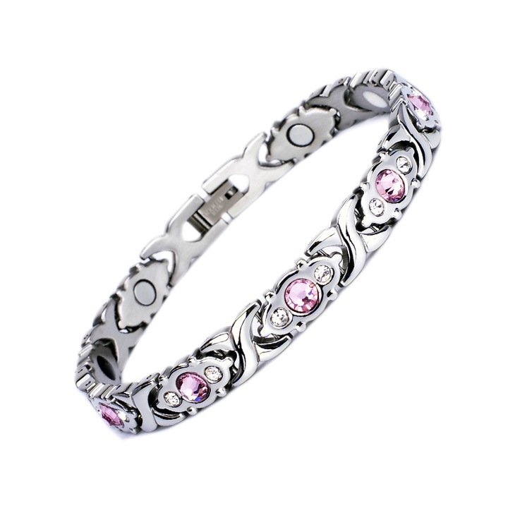 Bratara din inox, cristale roz, 20cm, pentru femei