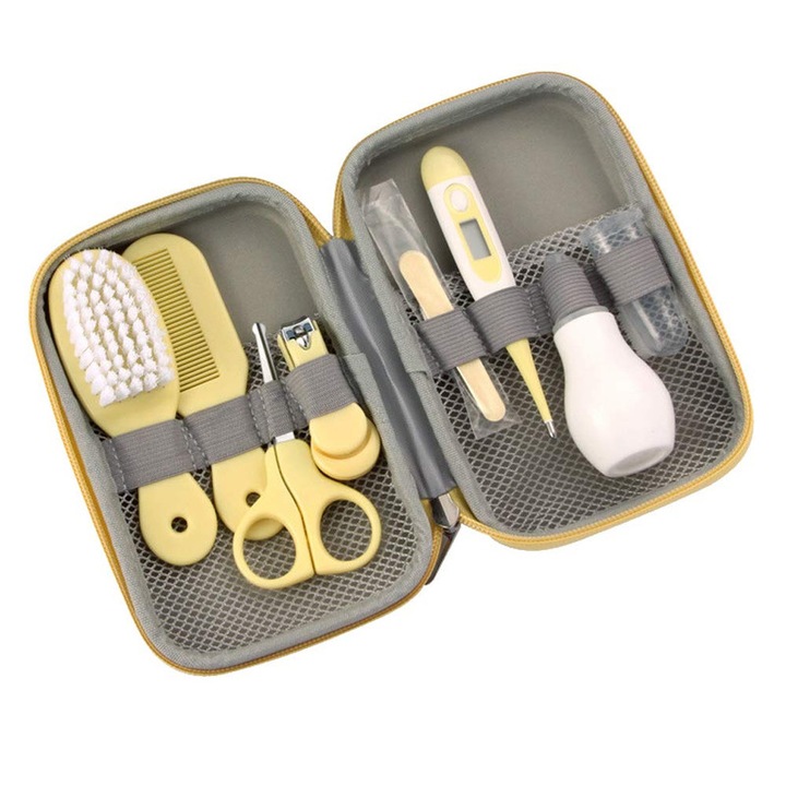 Set ingrijire bebelusi 8 in 1, perie par, taietor unghii, aspirator nas, periuta deget, foarfeca, galben, portabil