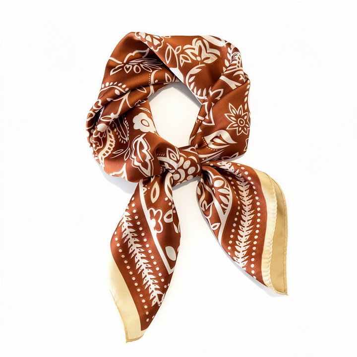 Esarfa dama, 70x70cm, paisley retro, maro deschis, poliester