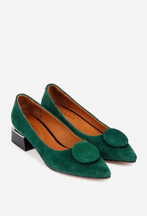 Pantofi dama din piele intoarsa verde cu ornament