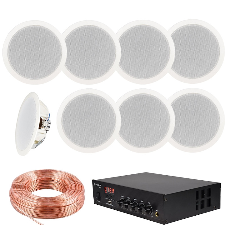Sistem Audio 8 Boxe tavan cu Statie 100V Adastra Bundle 8, Bluetooth, Restaurant, Cafenea, Cablu inclus