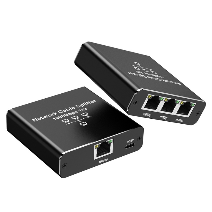 Splitter Ethernet 1 la 3 FooFoony, 1000 Mbps, RJ45, USB-C, pentru Cablu Cat5/Cat5e/Cat6/Cat7