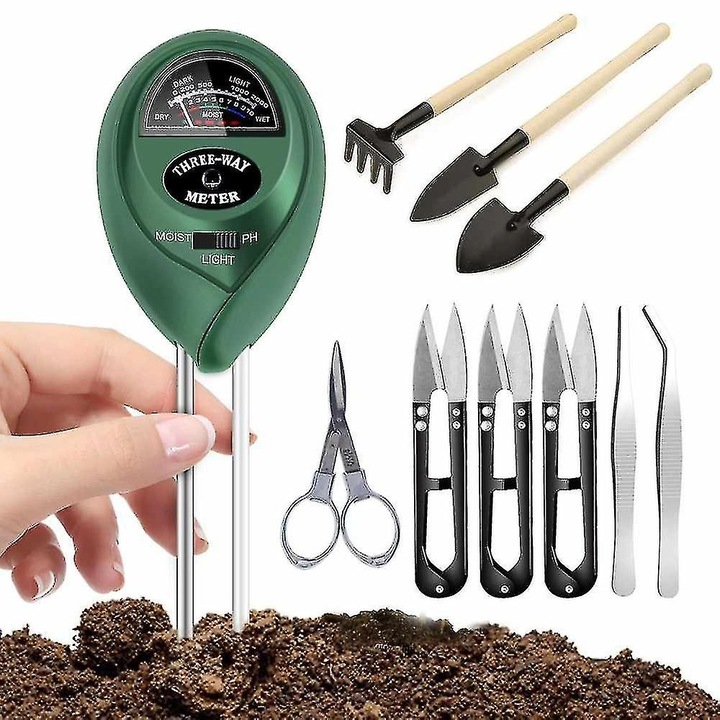 Set unelte gradinarit 9 piese, foarfece bonsai, grebla din lemn, spatule din lemn, pensete din otel inoxidabil, perie de curatare, portabil, pentru plante in ghiveci mici