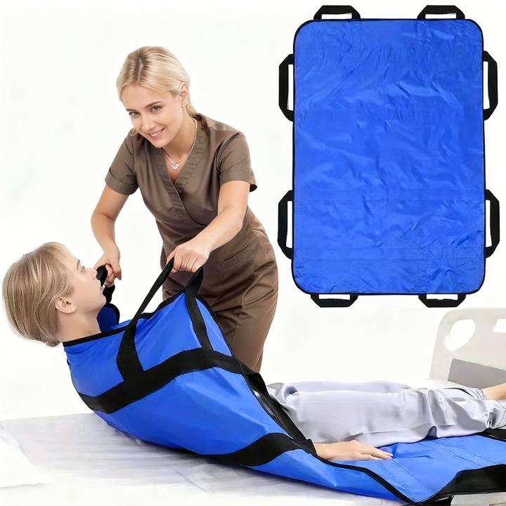 Saltea de transfer pentru pacienti, Tressino, 120x100 cm, Placa de transfer pentru pat cu Manere pentru Manevrare Usoara, Panza Oxford 420D, Lavabila, Persoane in varsta si bolnave care muta cearsafurile, Albastru