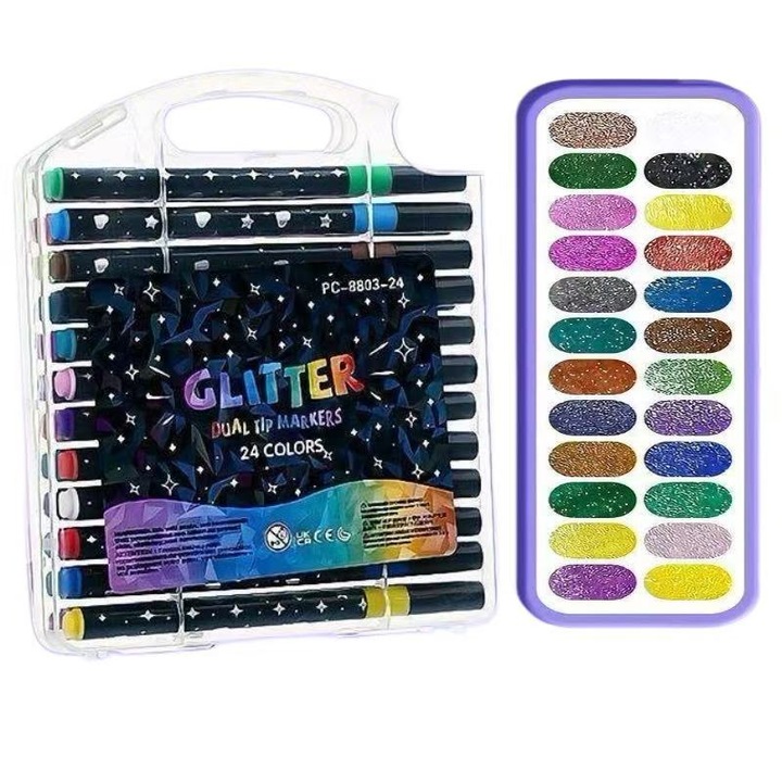 Set 12 Markere Glitter cu Doua Varfuri, 24 Culori, 16cm