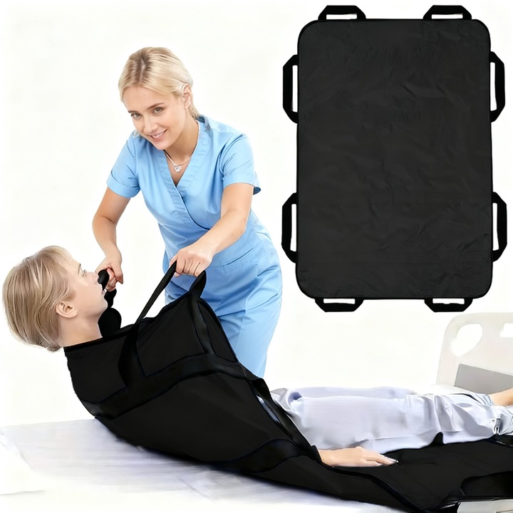 Saltea de transfer pentru pacienti, Tressino, 120x100 cm, Placa de transfer pentru pat cu Manere pentru Manevrare Usoara, Panza Oxford 420D, Lavabila, Persoane in varsta si bolnave care muta cearsafurile, Usor si delicat pe piele, Negru