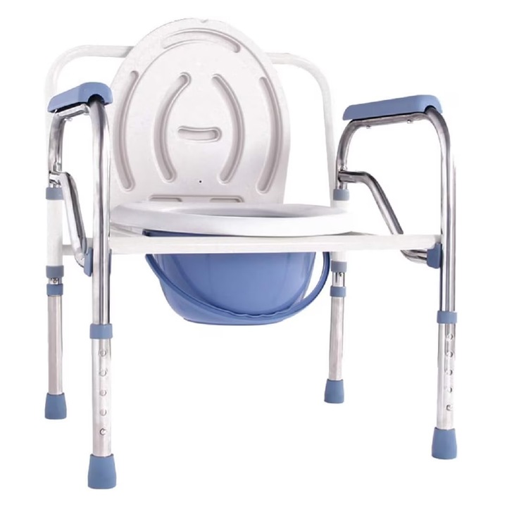 Scaun WC de Camera SUPER TRENDS, Pliabil, Inaltime Reglabila, Din Otel si Inox, Pentru Maxim 100 kg, Alb si Albastru