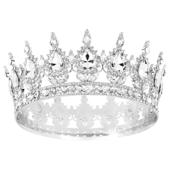 Topper tort sau accesoriu de par pentru petreceri, coronita cu pietre pretioase, strasuri, alb