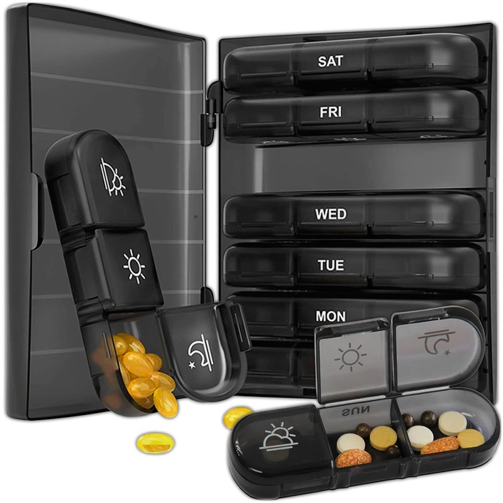 Organizator medicamente 7 zile, cutie saptamanala pentru pastile cu compartimente dimineata/pranz/seara, caseta compacta pentru medicamente si suplimente, ideala zilnic si in calatorii