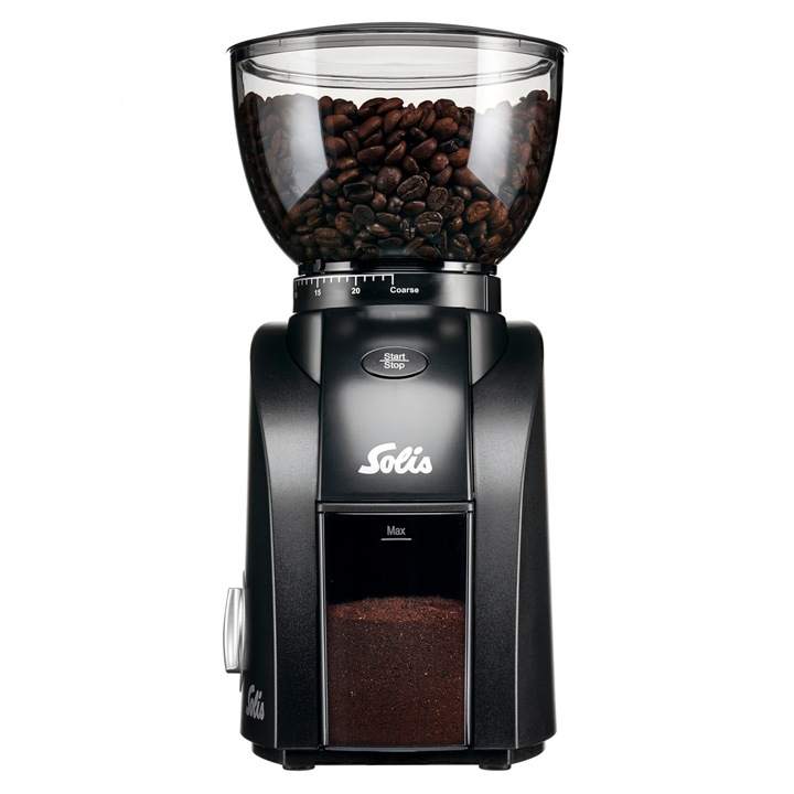 Rasnita de cafea Solis Scala Zero Static cu rasnita conica, rasnita de cafea electrica cu 24 de niveluri de macinare reglabile, rasnita de cafea cu recipient pentru boabe de 300 g, tehnologie ZERO STATIC, negru
